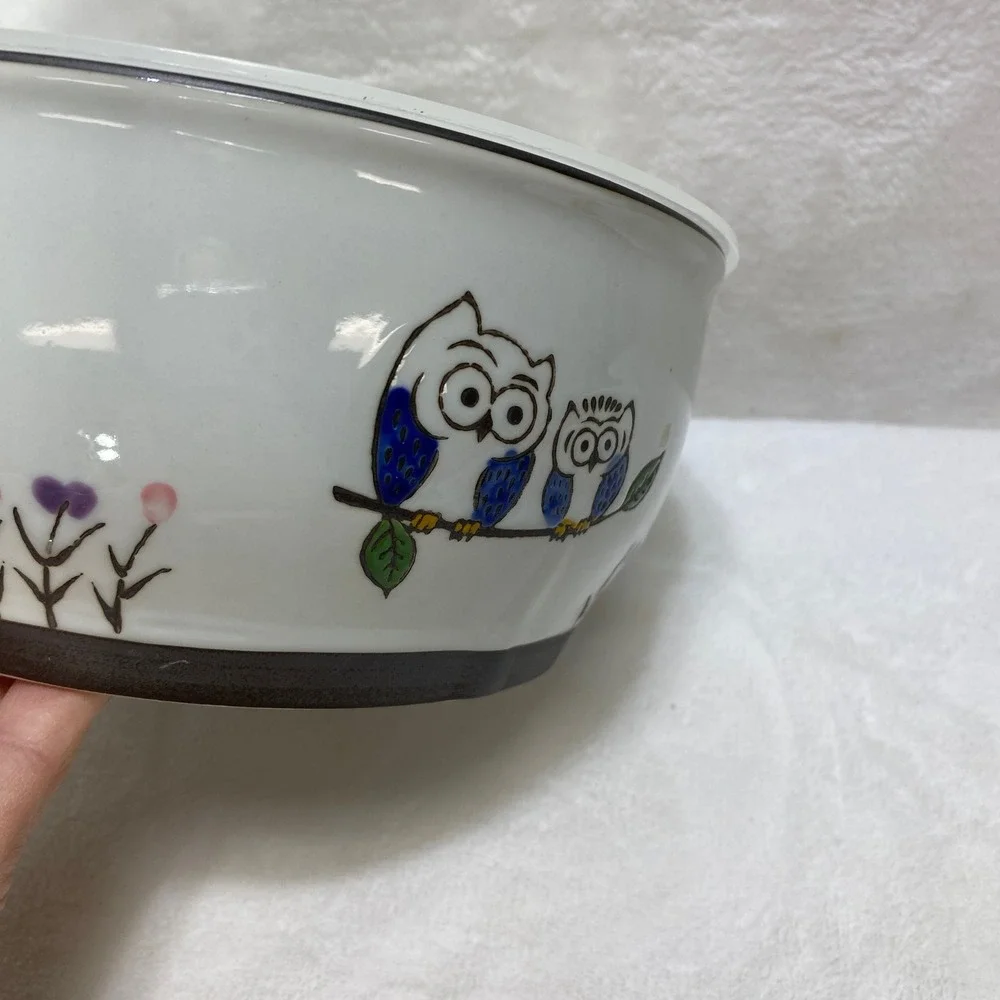 Yokohama Studio Hand Painted Ceramic Owl Food Storage Bowl Vented Lid White Blue